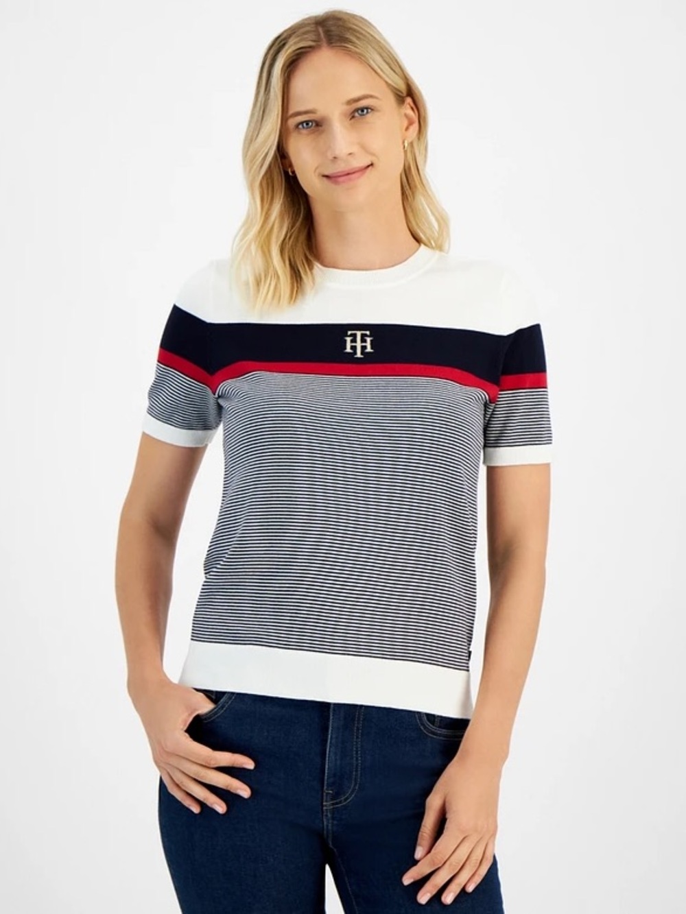 Tommy Hilfiger Navy, White & Red Striped Short Sleeve Top
